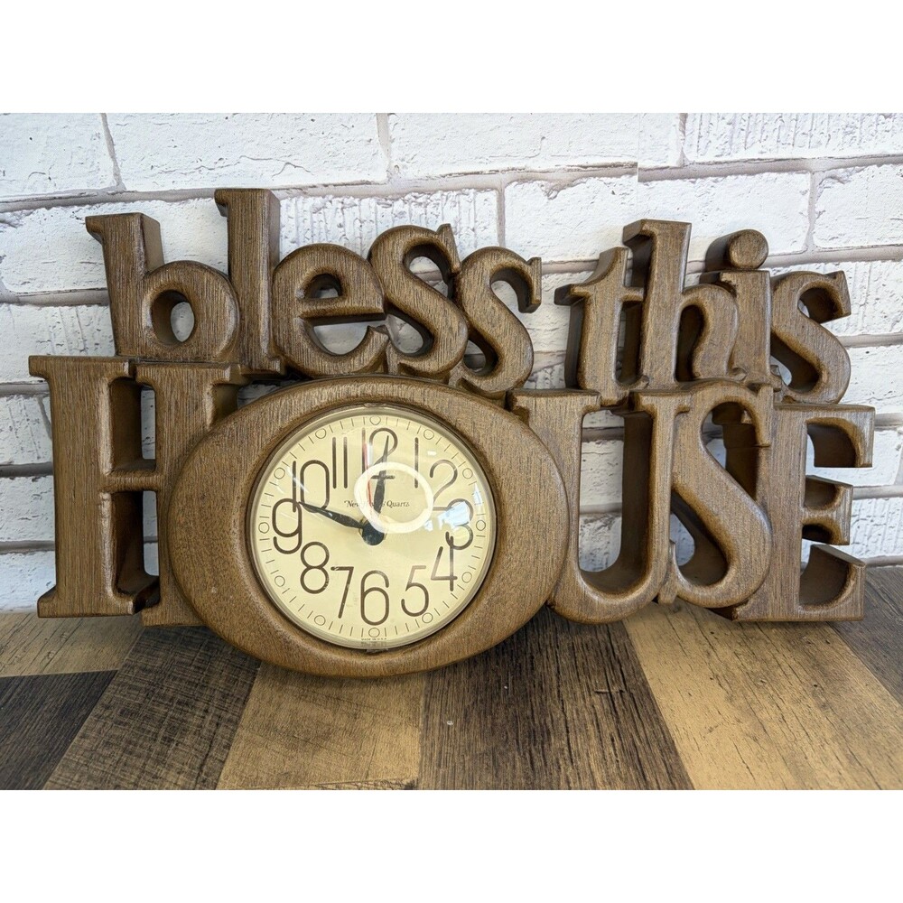 Vintage Wall Clock “Bless This House” By Burwood 1980’s Brown WORKS